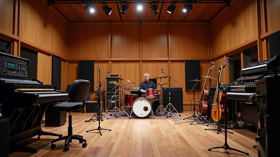 Eye-level view of a recording studio with musical instruments