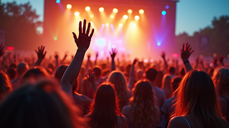 Wide angle view of a vibrant music festival featuring various guitarists