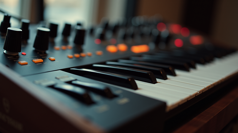 Close-up view of a vintage analog synthesizer