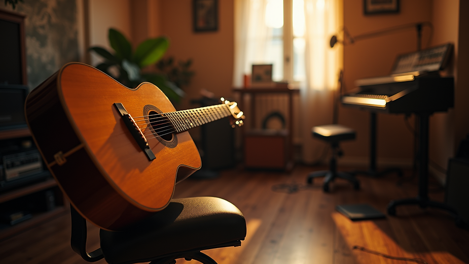 Eye-level view of a guitar resting on a music stand