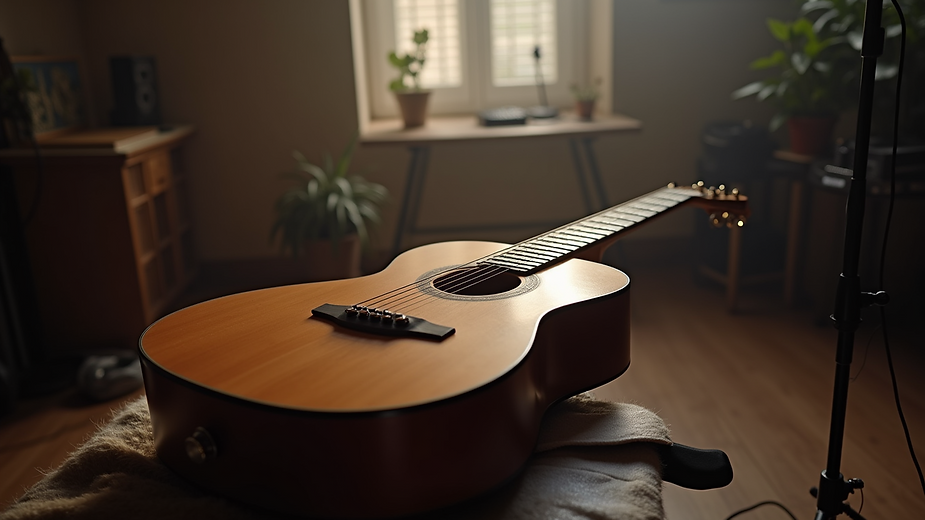 Close-up view of a guitar resting on a music stand
