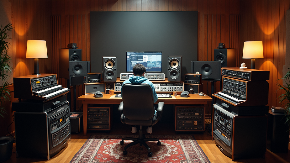 High angle view of a modern music studio with both analog and digital equipment