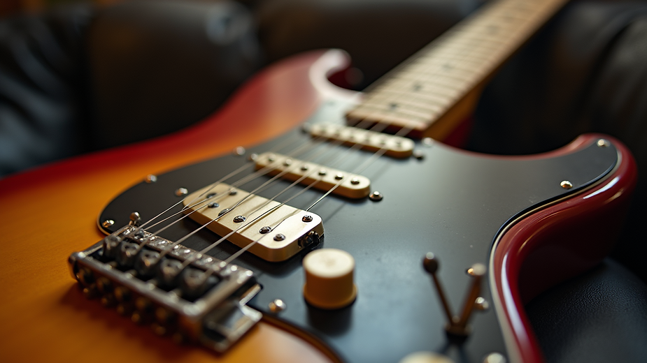 Close-up view of a Fender guitar showcasing its intricate design