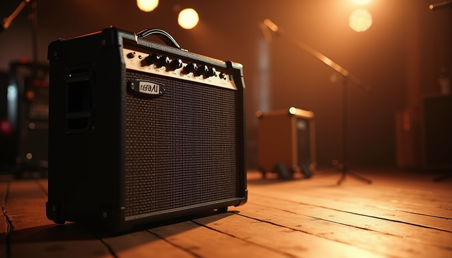 Eye-level view of a sleek guitar combo amp on a wooden stage