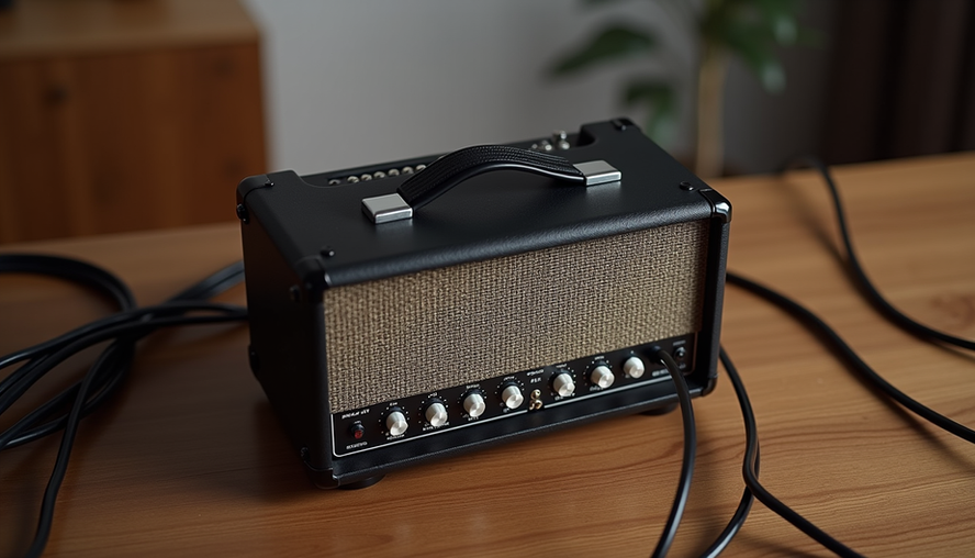 High angle view of Yamaha THR30II Wireless amp on a desk with guitar cables