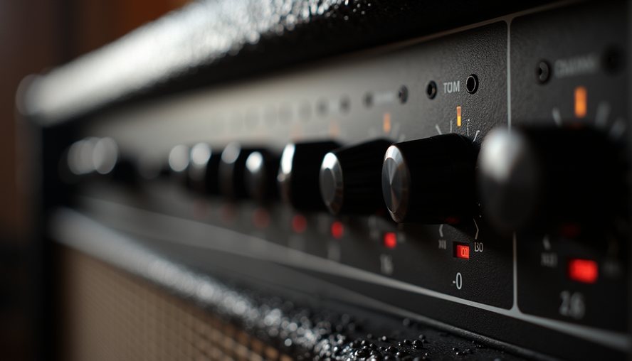 Close-up of a Boss Katana 100 MkII combo amp with control knobs